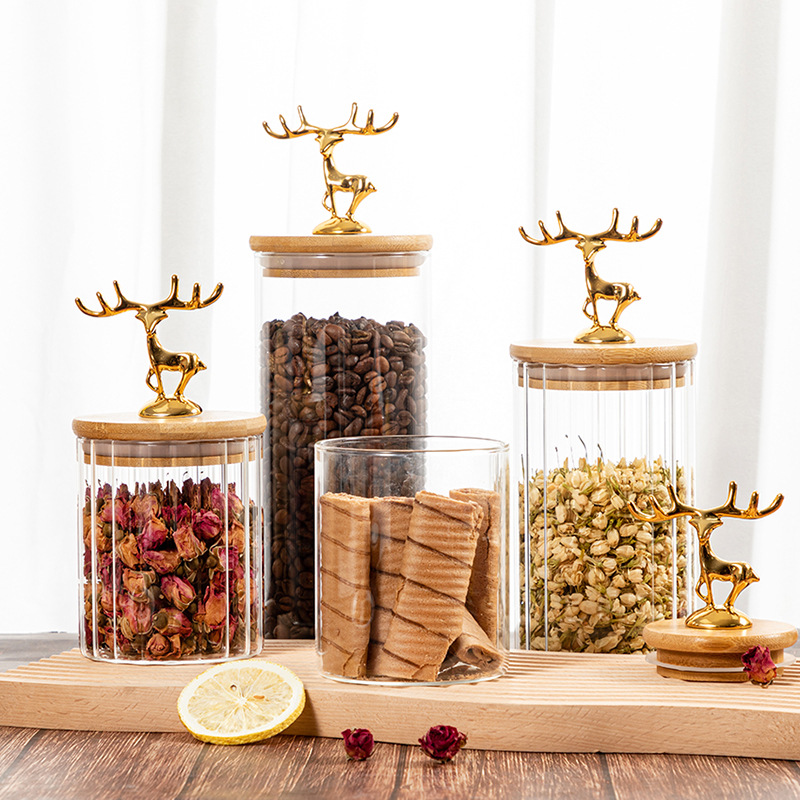 Kitchen Bank - ふた付き金色のelk収納ジャー円筒形密閉ガラスキッチン収納用品食品保存容器500ml