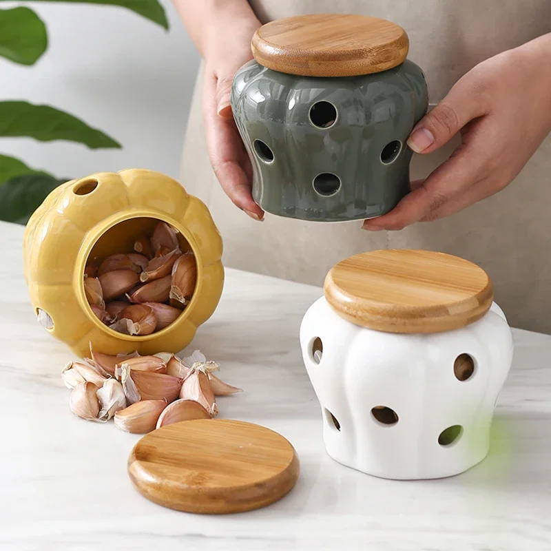 Kitchen Bank - 中空アウトセラミックストレージタンク、キッチン換気小屋ジャー、ニンニク、トマト、乾燥生石、コショウ用の収納タンク