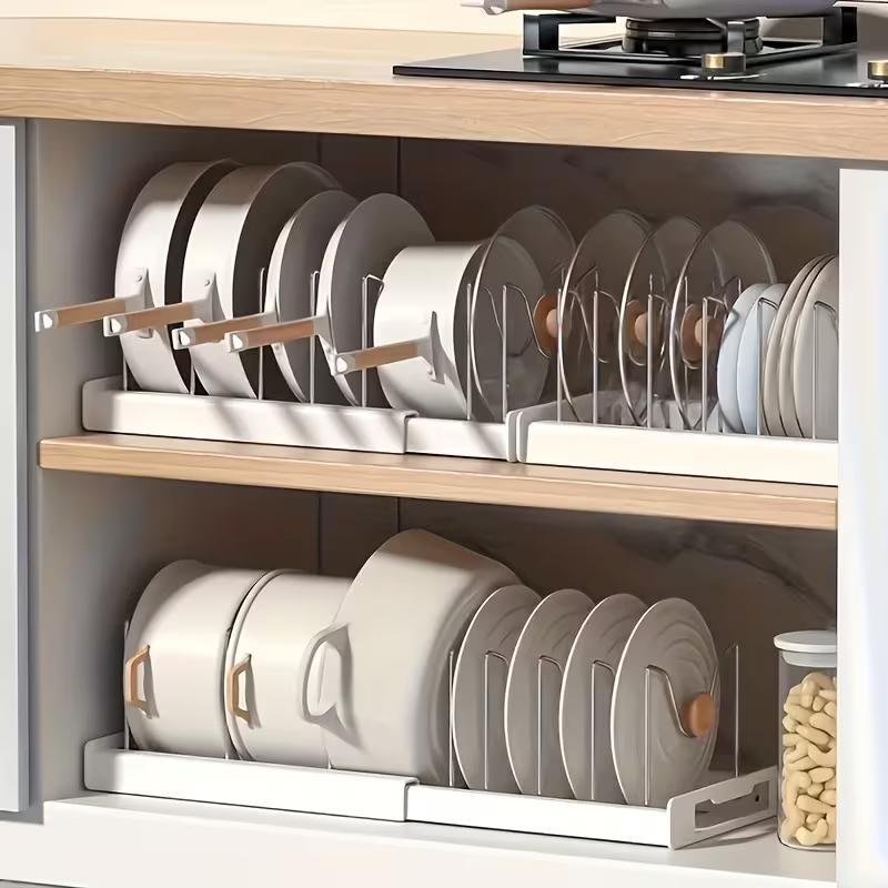 Kitchen Cabinet Baking Organizer - ABS拡張可能な鍋とフライパンオーガナイザーラック、調節可能なキッチンキャビネット調理器具収納ホルダー、鍋蓋、ベーキングパン用仕切り付き、シンク下の引き出しスペースセーバー、家庭用パントリーアクセサリー