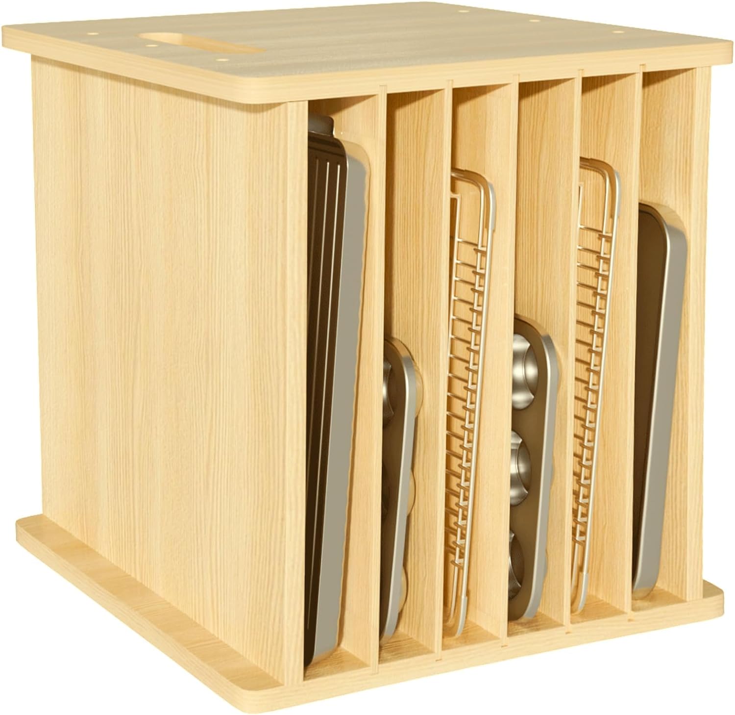 Kitchen Cabinet Baking Organizer - 木製ベーキングトレイ仕切りオーガナイザー、縦型クッキーシート、鍋・フライパン収納ラック、キッチンキャビネット用多目的ベーキングトレイ＆ドキュメントオーガナイザー