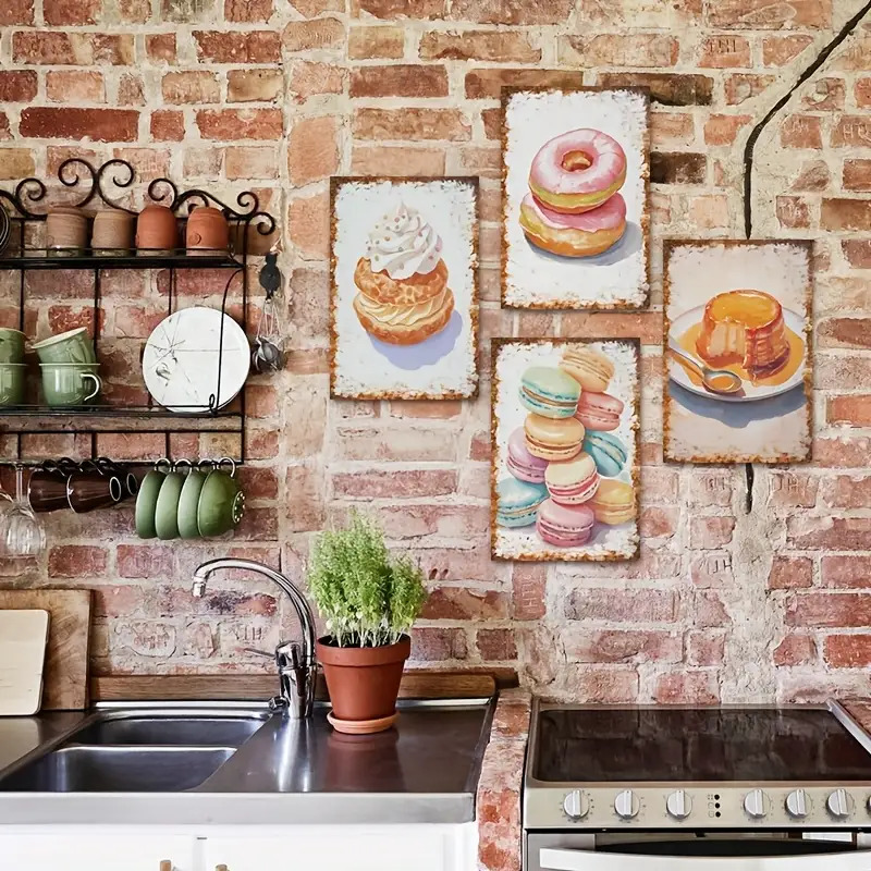Kitchen Baking Wall Art - 2Dフラット、デザートベーキングウォールアートサイン4枚セット - ヴィンテージメタル装飾、家庭、キッチン、バー、農家向け - 30x20cm、完璧なギフトに最適