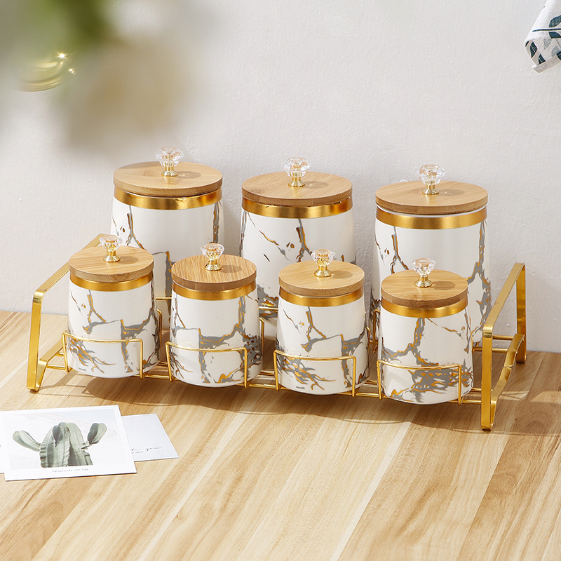 Kitchen Bank - キッチン用品大理石ゴールデンテクスチャ気密ジャー蓋付きスパイス収納ラック家庭用食品保存容器