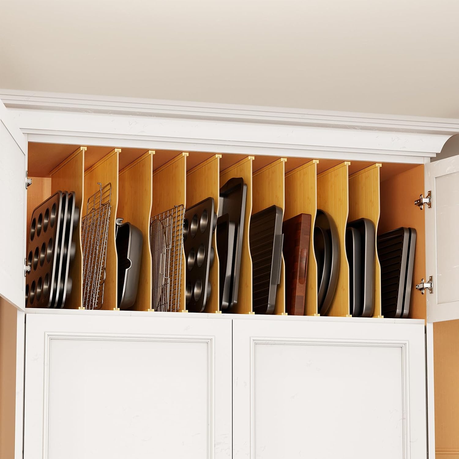 Kitchen Cabinet Baking Organizer - 10個入り竹製トレイ仕切り板（キッチンキャビネット用）、縦型ベーキングシート＆クッキーパンオーガナイザー、キャビネットやパントリー整理用のベーキング用品収納仕切り板