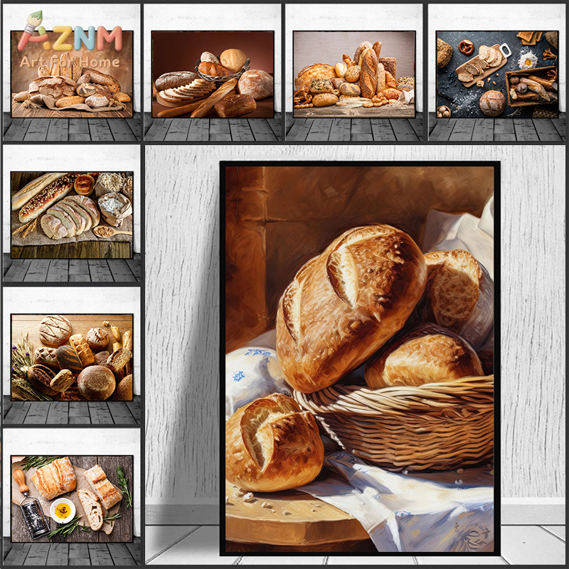 AZNM リアルな焼きたてのパンの静物画フレームレスキャンバ - Kitchen Baking Wall Art のレビューと価格