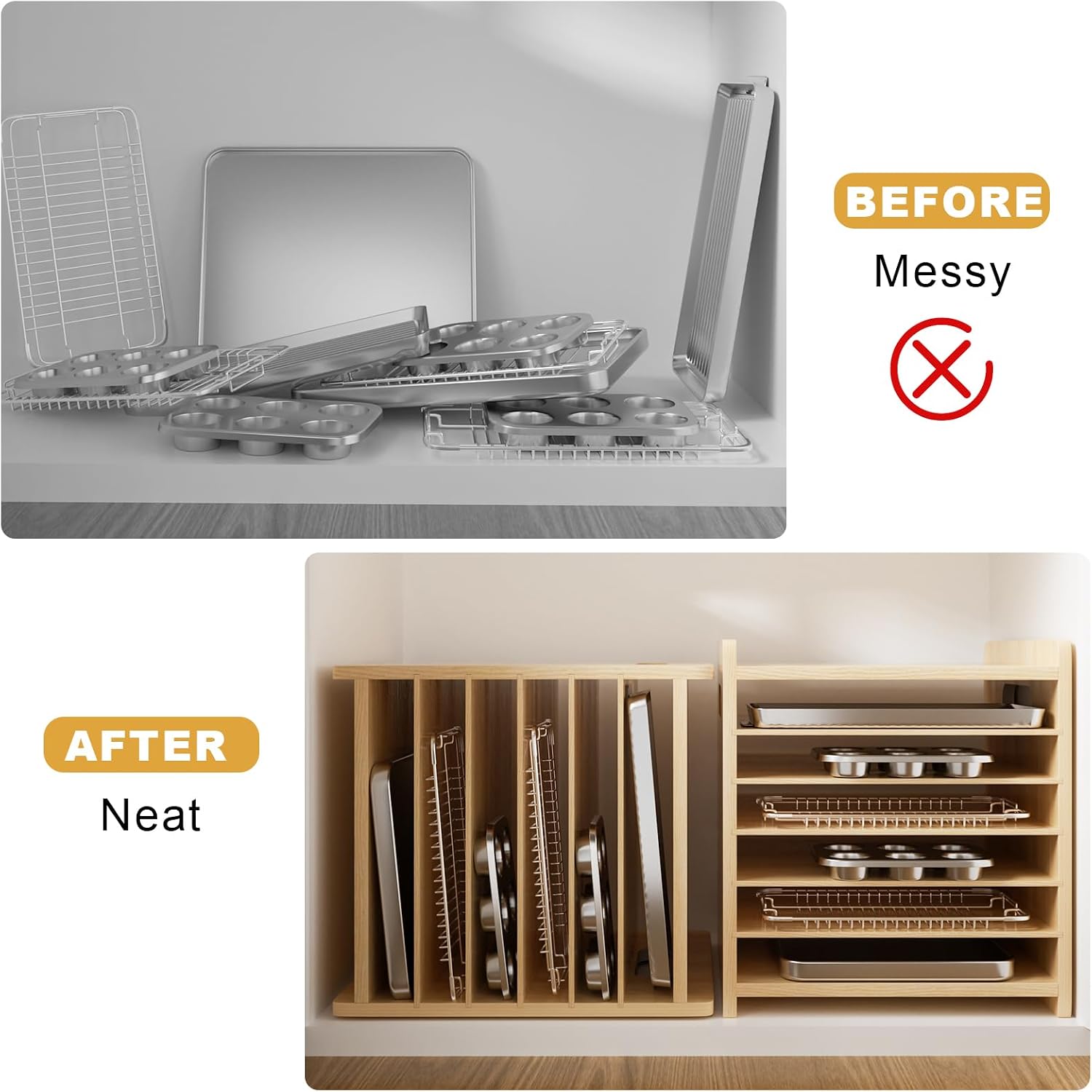 木製ベーキングトレイ仕切りオーガナイザー、縦型クッキーシート - Kitchen Cabinet Baking Organizer のレビューと価格